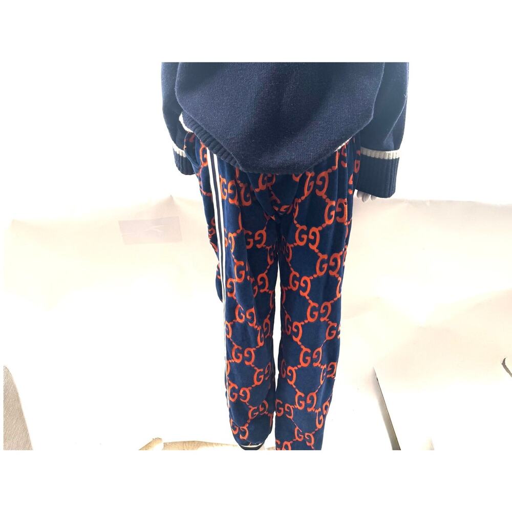Gucci GG Velour Jogger Pants Size L Navy Orange Monogram Waffle Knit Sweatpants - Picture 2 of 15